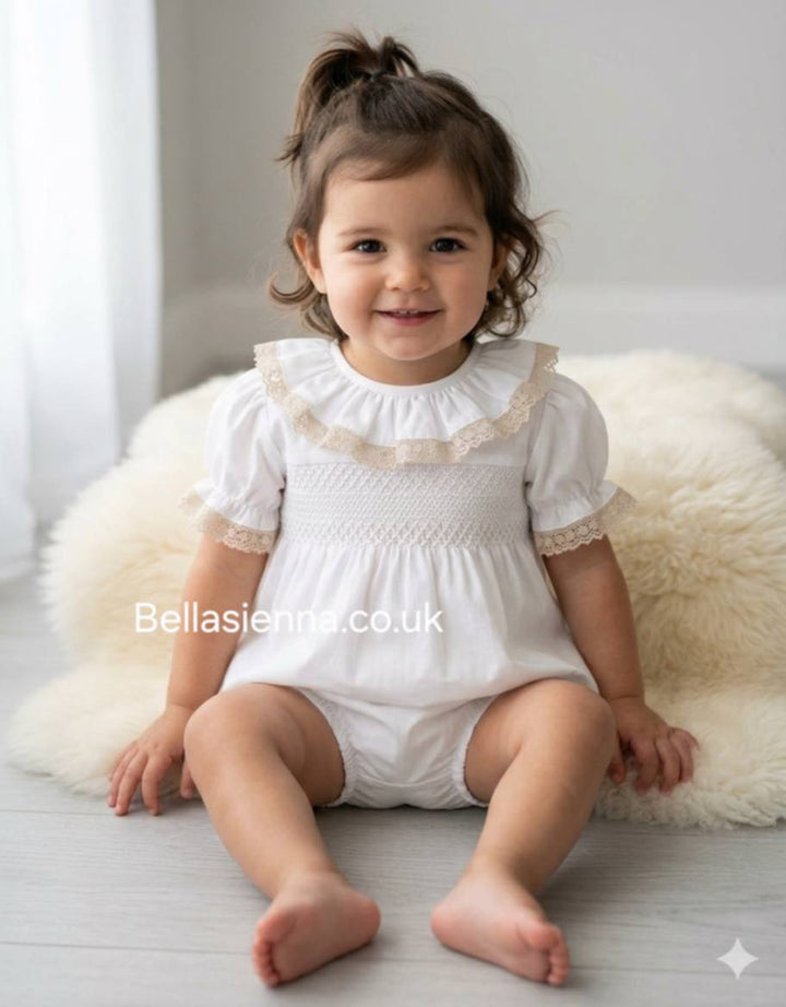 Girls White & Beige Smocked Two Piece Set With Lace Trim - SG226
