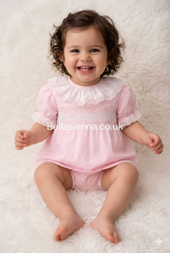 Girls Pink & White Smocked Two Piece Set With Lace Trim - SG226