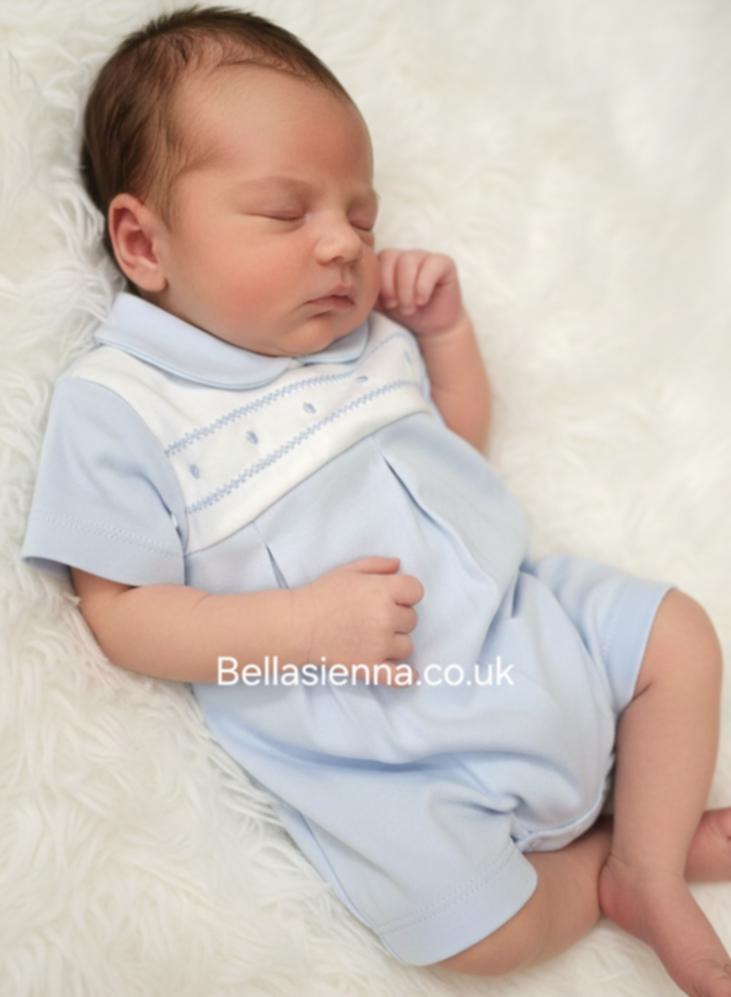 Boys Blue & White 100% Cotton Romper With Embroidery- SG229