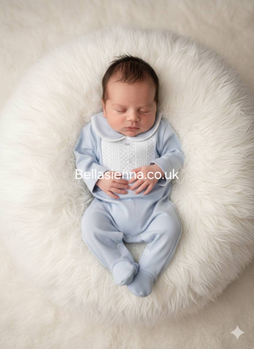 Boys Blue & White Smocked 100% Cotton All In One Babygrow - Sleepsuit - SG238