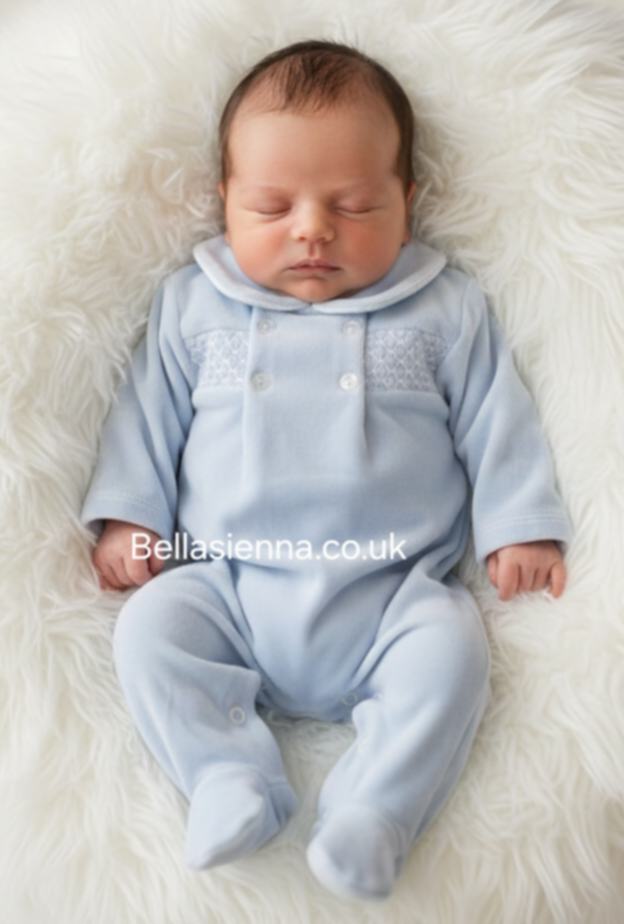 Boys White & Blue Velour, Smocked All In One Babygrow - Sleepsuit - SG254