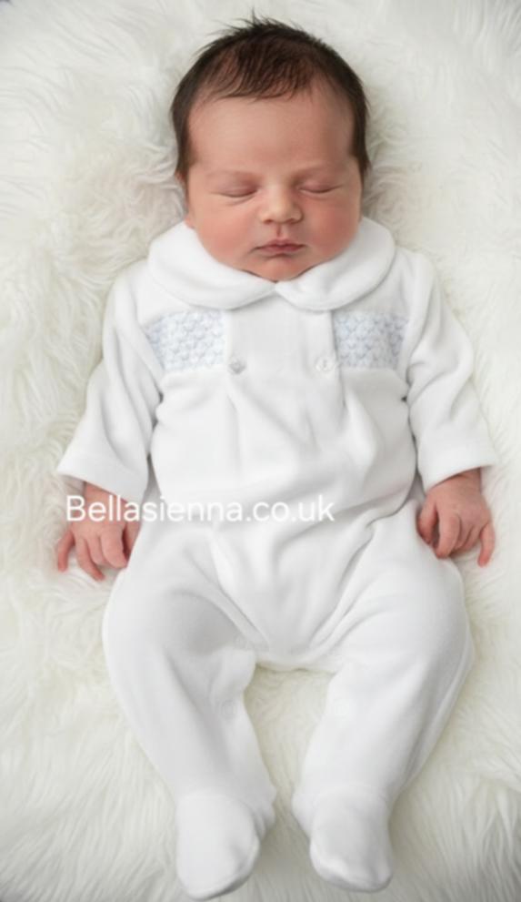 Boys Blue & White Velour, Smocked All In One Babygrow - Sleepsuit - SG254
