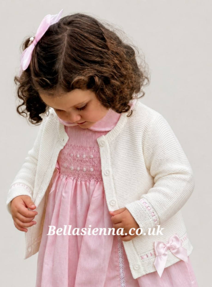 Girls Off White/Ivory Cardigan With Pink Ribbon & Bow Detail - Sophia