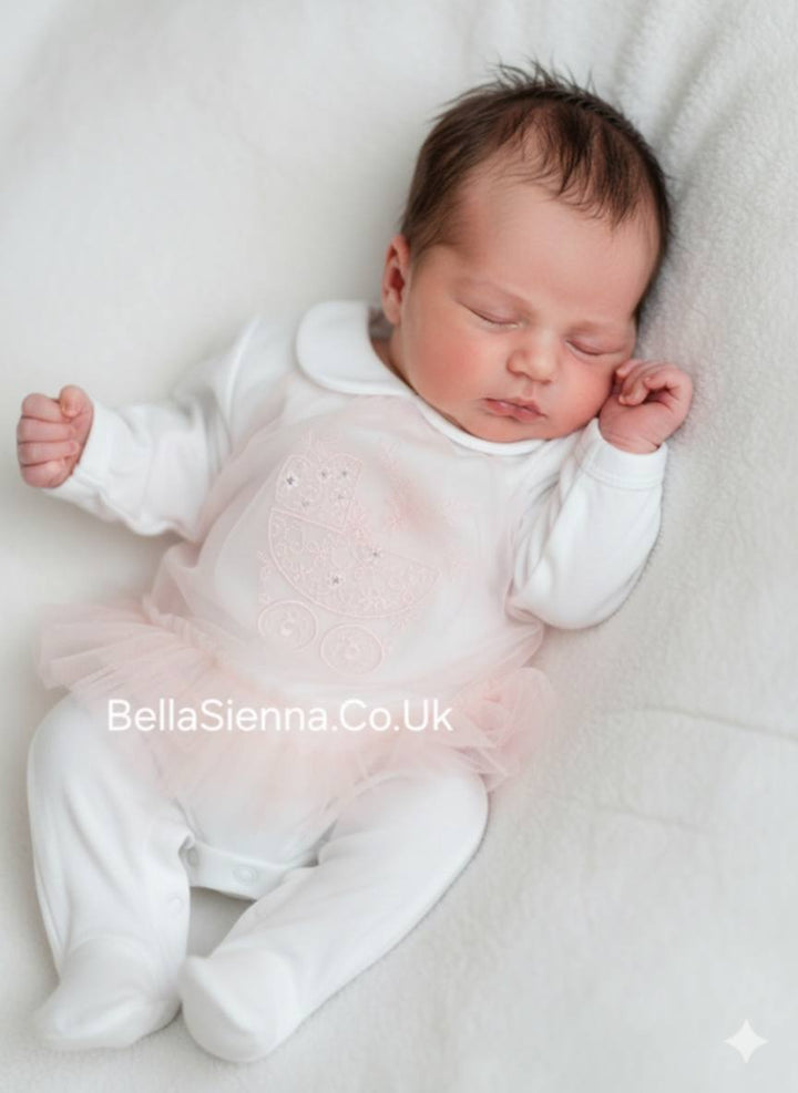 Sofia "Stelinka" Pink 100% Cotton & Tulle Babygrow - Sleepsuit - White & Pink