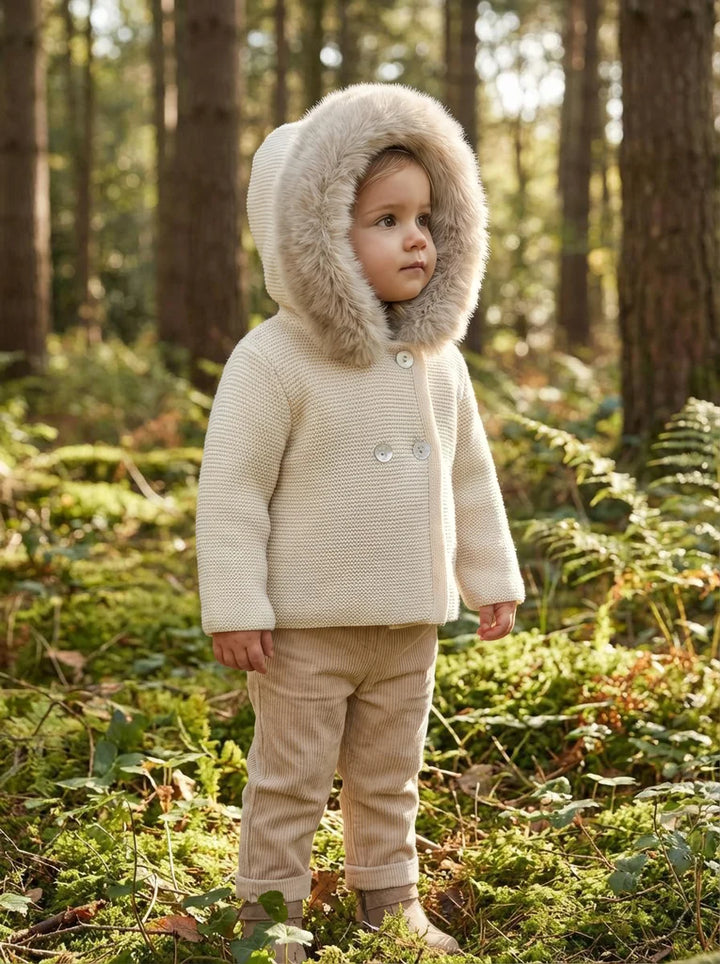 "Sabrina" Unisex Beige/Natural Knitted Jacket/Coat With Fur Trim Hood