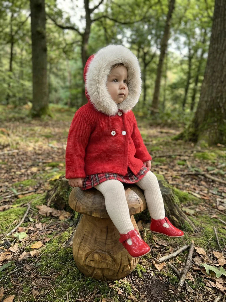 "Sabrina" Unisex Red Knitted Jacket/Coat With Fur Trim Hood