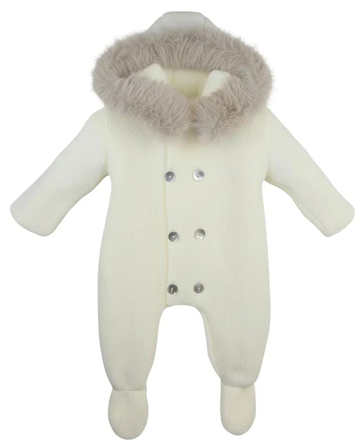 "Sabrina" Ivory Unisex Knitted Snowsuit With Fur Trim Hood