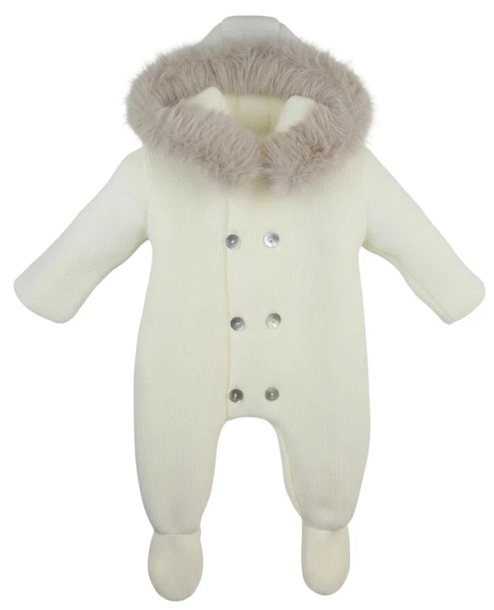 "Sabrina" Ivory Unisex Knitted Snowsuit With Fur Trim Hood