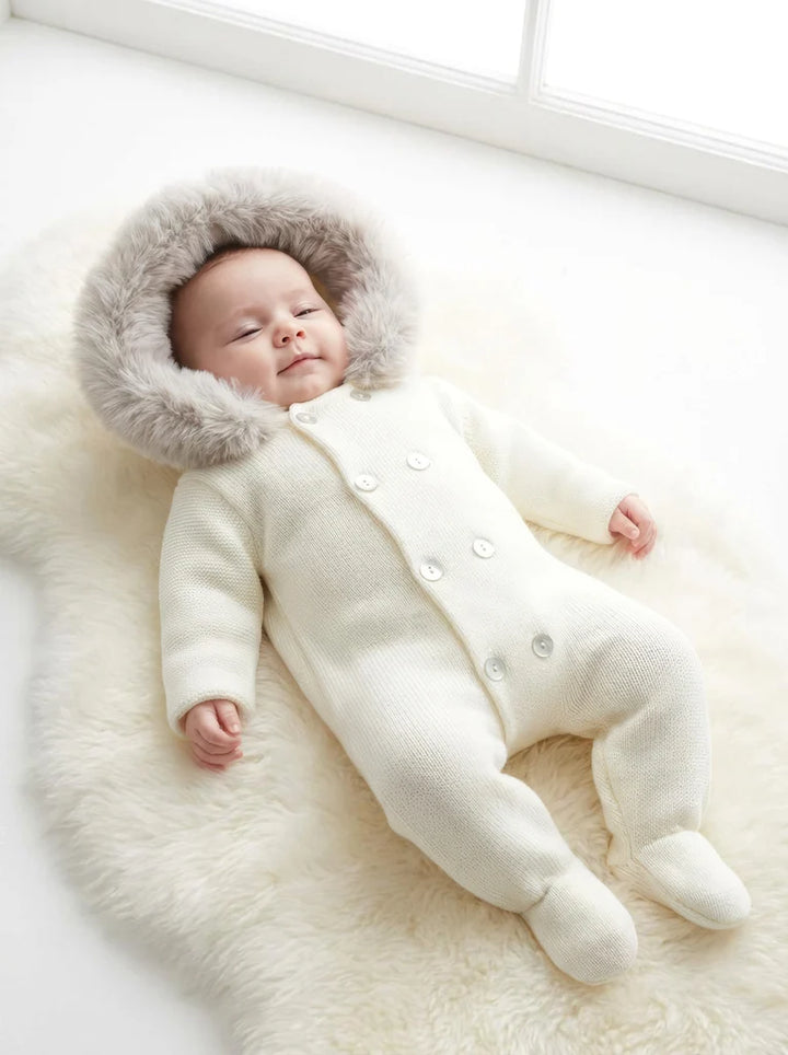 "Sabrina" Ivory Unisex Knitted Snowsuit With Fur Trim Hood