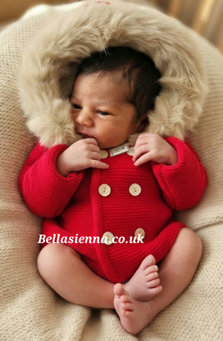 "Sabrina" Unisex Red Knitted Jacket/Coat With Fur Trim Hood