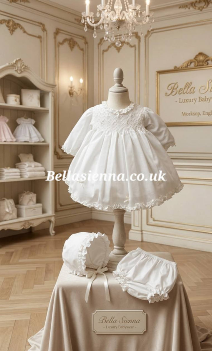 Sarah Louise Ivory Hand Smocked Dress, Pants & Bonnet Set - 013347