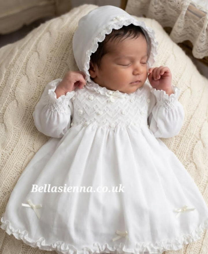 Sarah Louise Ivory Hand Smocked Dress, Pants & Bonnet Set - 013347