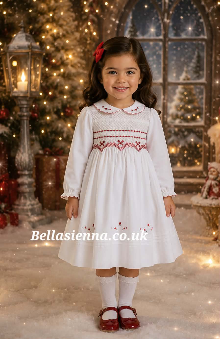 Sarah Louise Girls White And Red Smocked Dress 011661