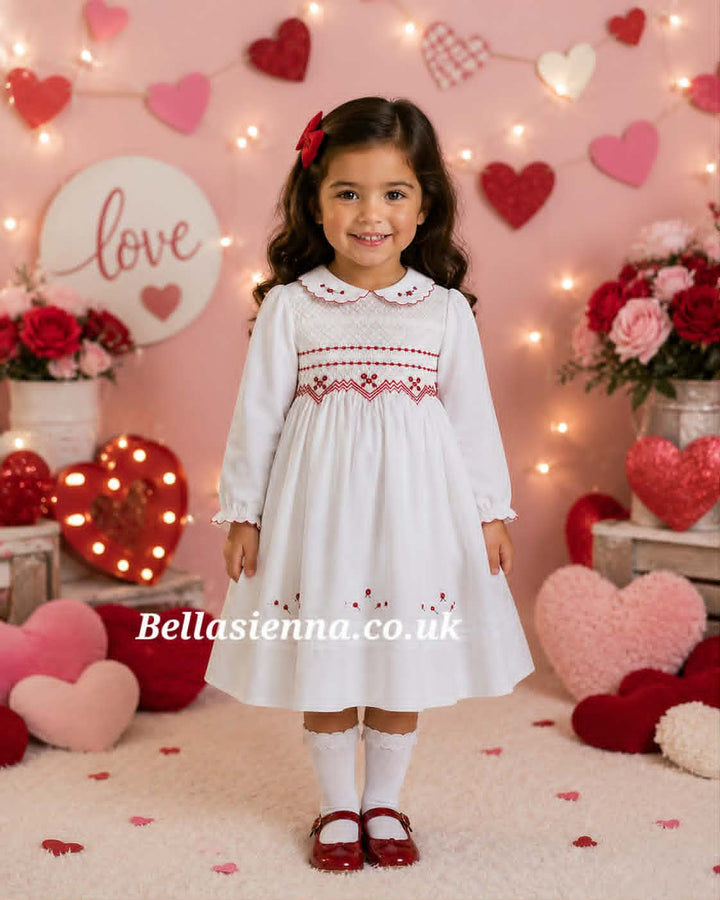 Sarah Louise Girls White And Red Smocked Dress 011661