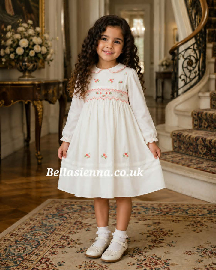 Sarah Louise Ivory/Peach Smocked Dress 011643