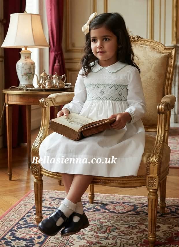 Sarah Louise Ivory & Sage Green Hand Smocked Dress - 013387