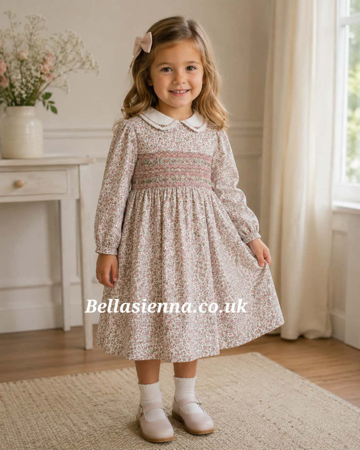 Sarah Louise Ivory & Terracotta Hand Smocked Floral Dress - 013730