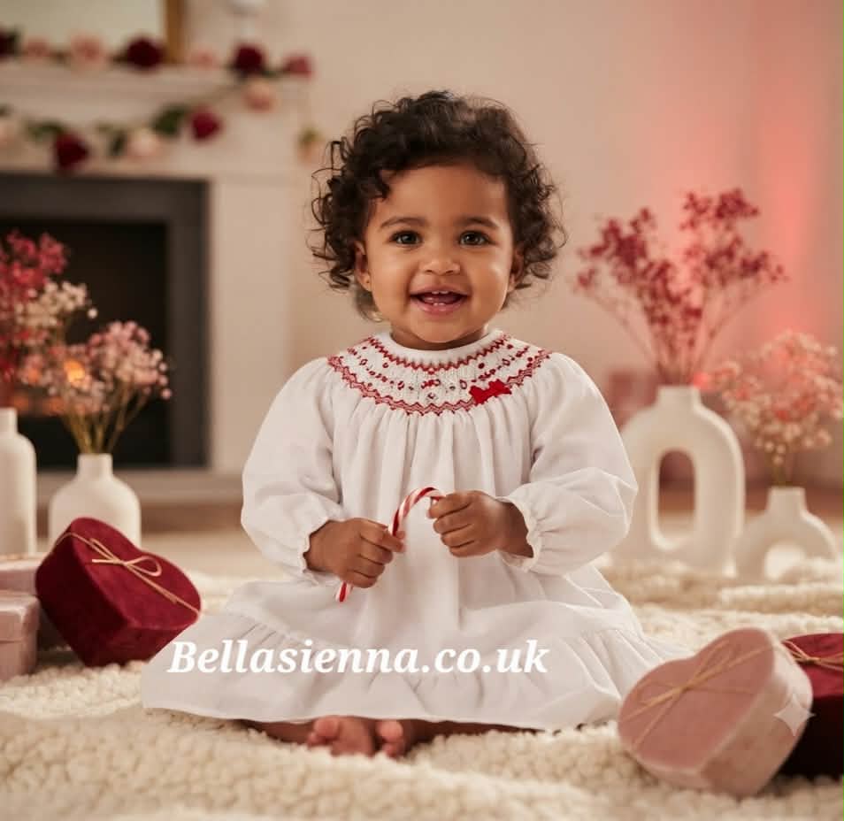 Sarah Louise Long Sleeved Smocked White & Red Dress - 012766L 012044L