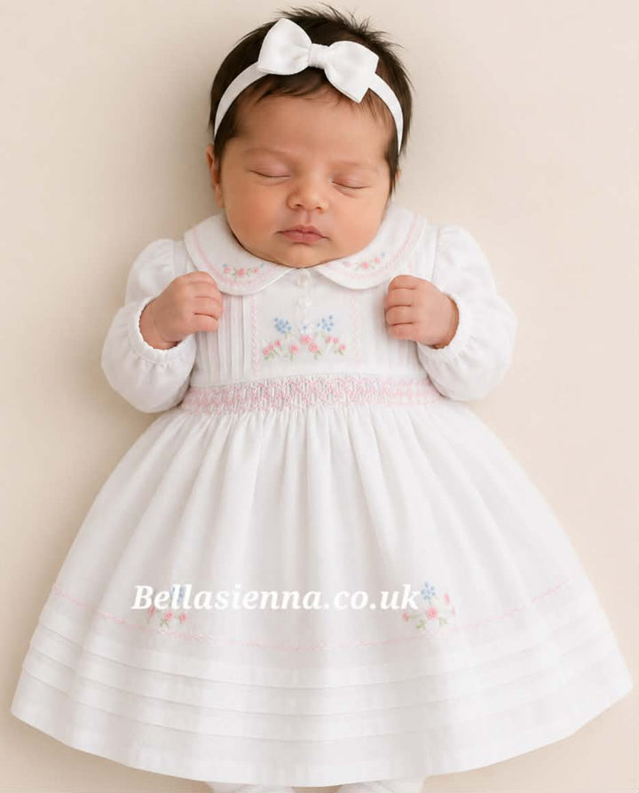 Sarah Louise White & Pink Hand Smocked Dress - 013700