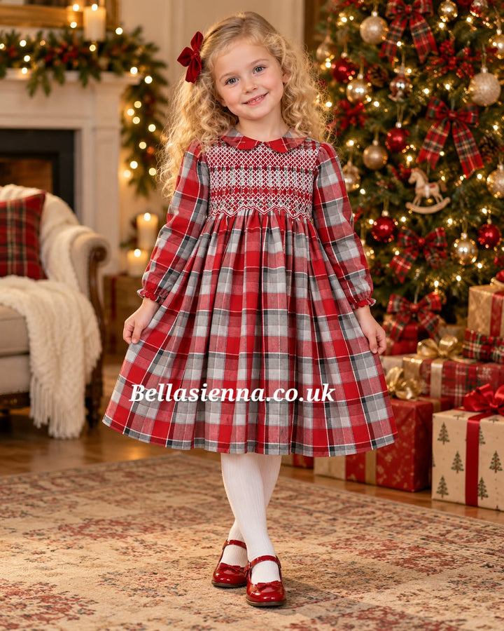 Sarah Louise Red & Grey Tartan Smocked Dress- 011736