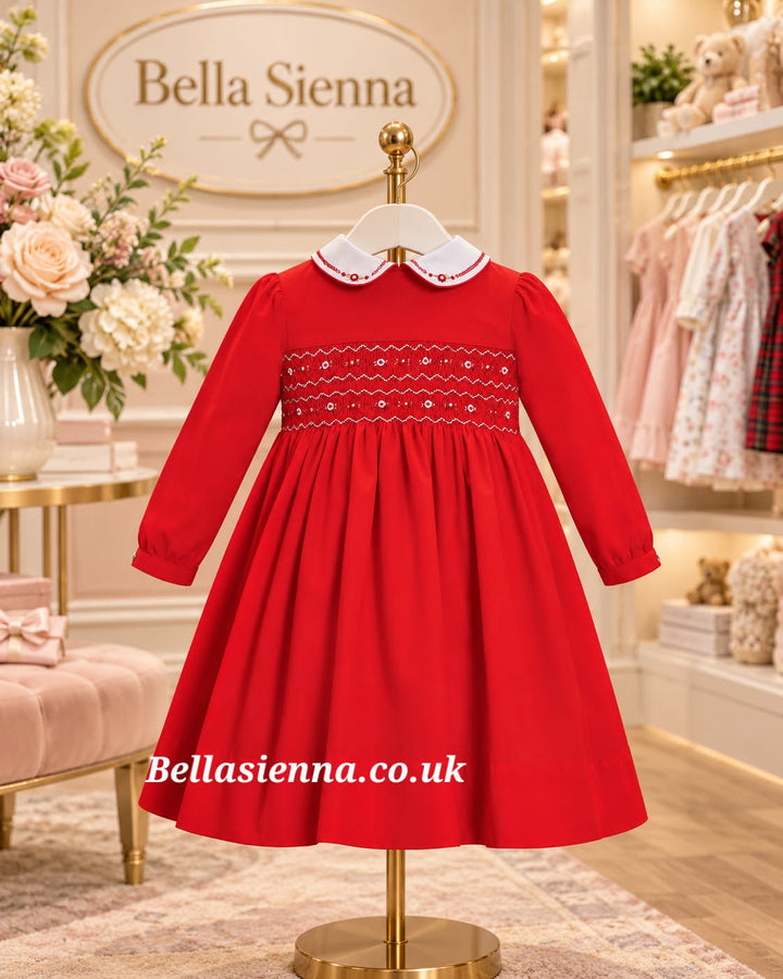 Sarah Louise Red & White Hand Smocked Dress - 013797