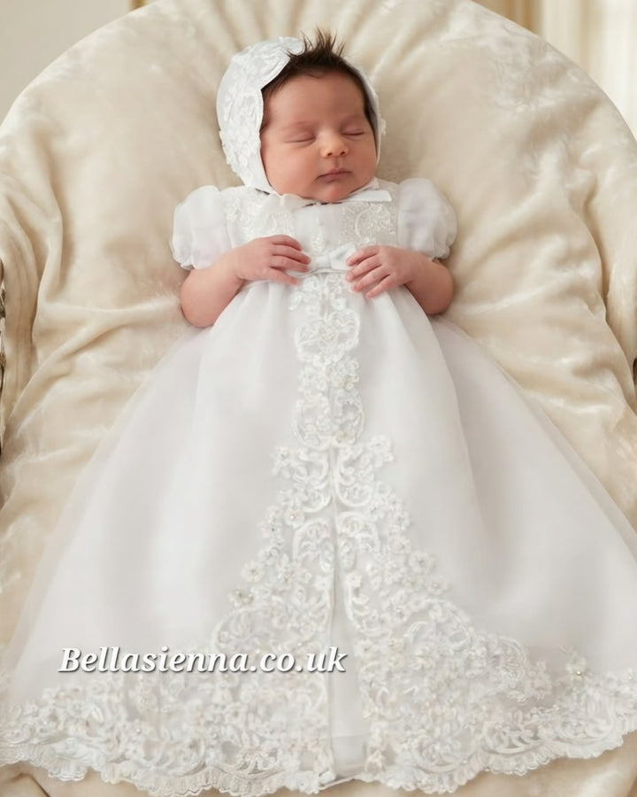 Sarah Louise White Christening Robe Gown & Bonnet - 001165XS