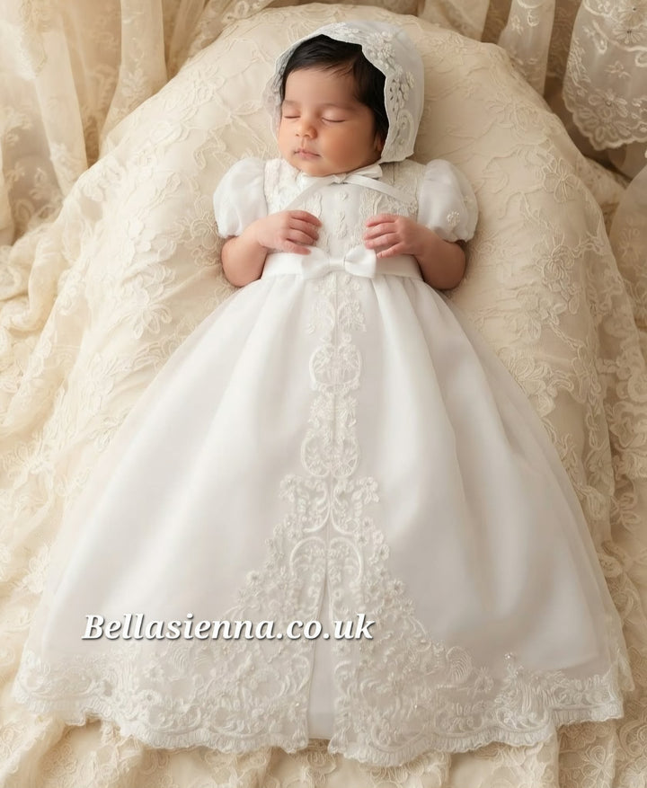 Sarah Louise White Christening Robe Gown & Bonnet - 001165XS