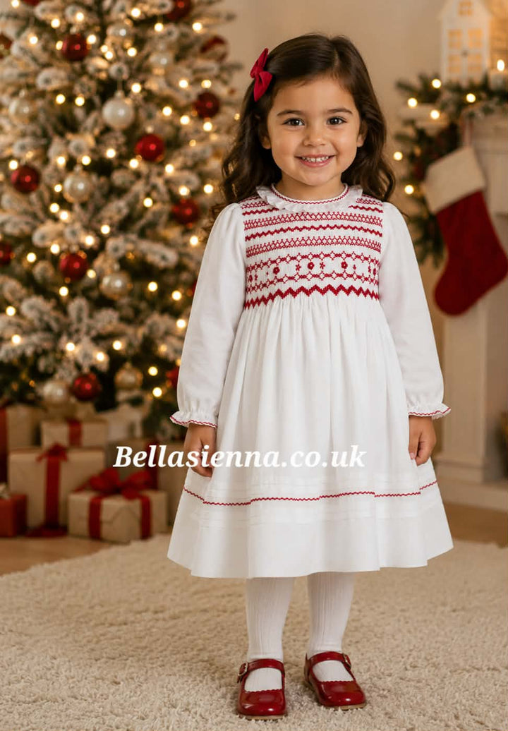 Sarah Louise White & Red Hand Smocked Dress - 013784