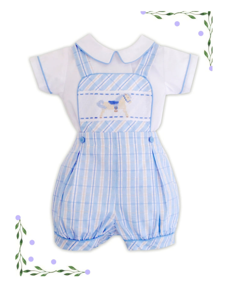 Pretty Originals Boys Blue, White & Camel Check Rocking Horse Outfit - DL62174