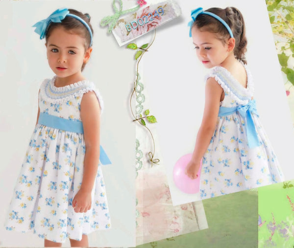 Pretty Originals Aqua & White Floral Print, Hand Smocked Summer Dress - BD02249