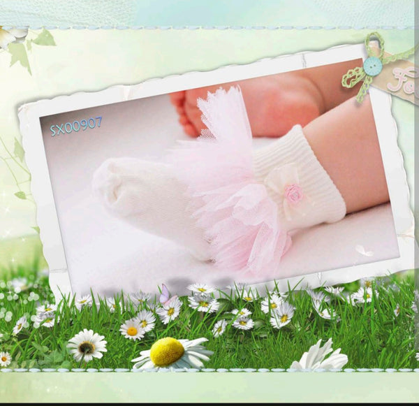 Pretty Originals White Ankle Socks With Bows & Pink Tulle - SX00907