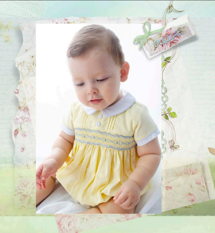 Pretty Originals Boys Lemon, Blue & White Hand Smocked Romper - DL62243