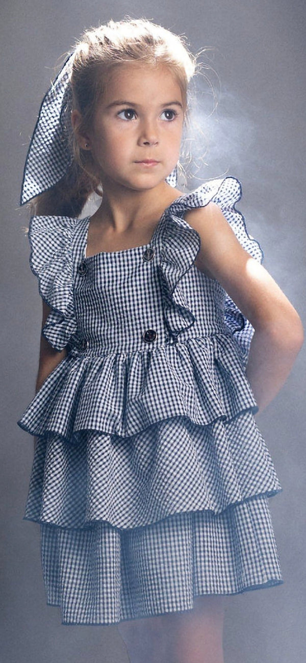 Basmarti Navy & White Gingham Dress With A Big Bow On The Back - 25035