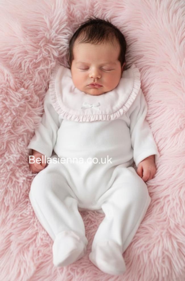 Girls White & Pink Velour All In One Babygrow - Sleepsuit With Bow - SG146