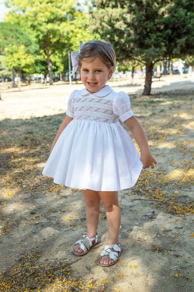 Naxos Girls Hand Smocked Ivory & Beige Dress - 7724