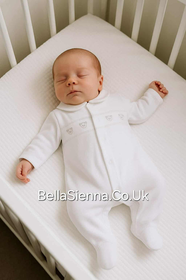Blues Baby Unisex White Velour All In One Smocked Teddy Bear Babygrow Sleepsuit - BB2066W
