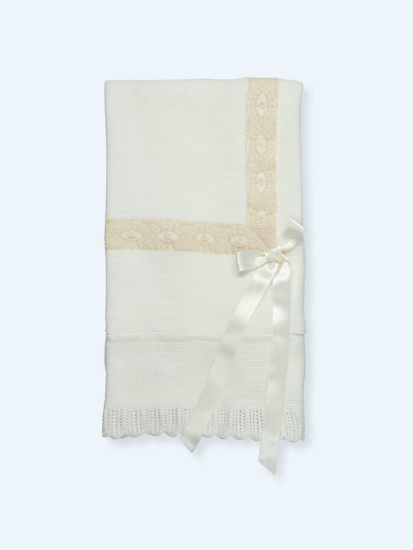 Mac Ilusion Knitted Shawl With Embroidered Tulle & Bow - T059 - Ivory
