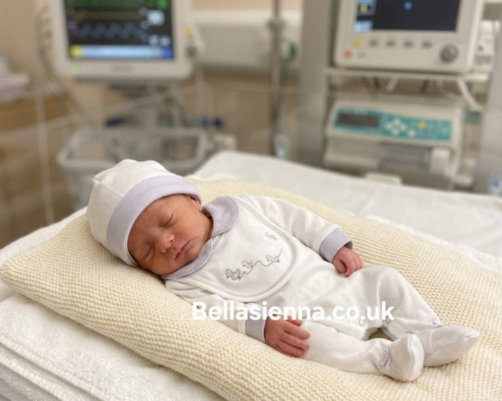 Tiny Baby Three Piece Hospital Outfit White And Grey