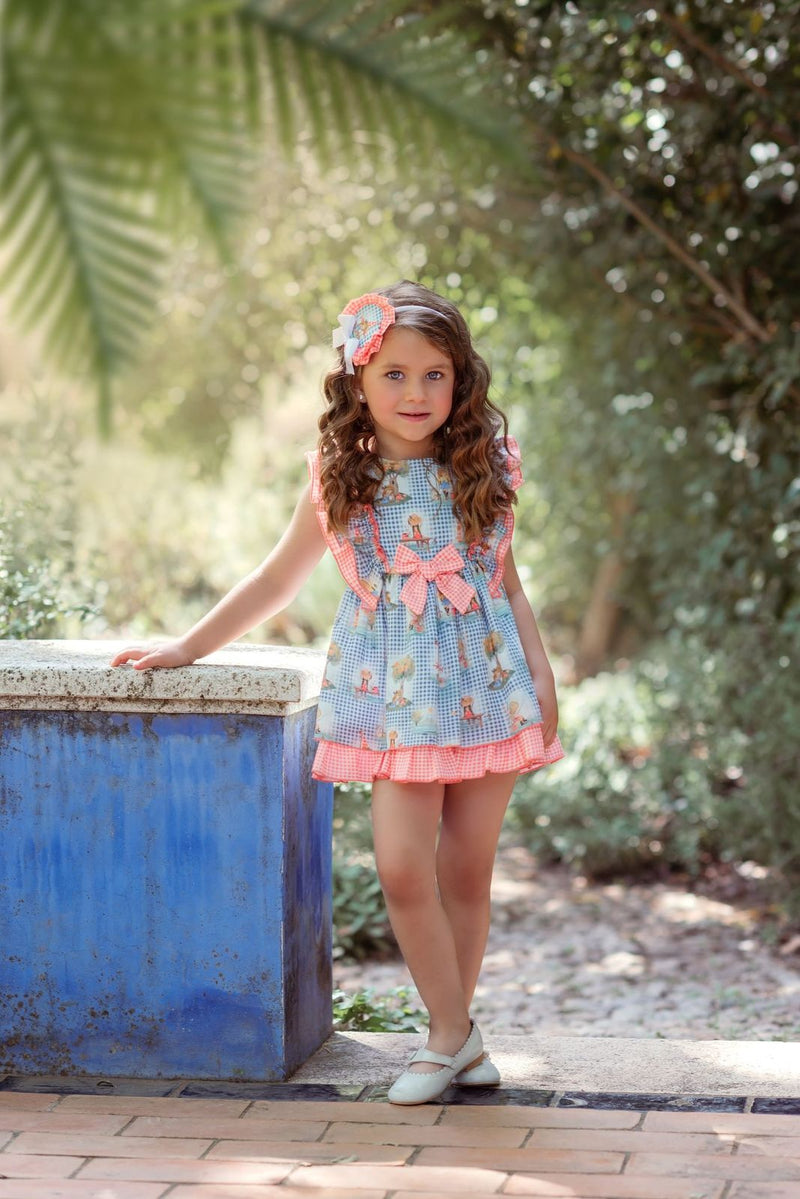 Miranda Blue & Coral Girl Print Dress - 0606