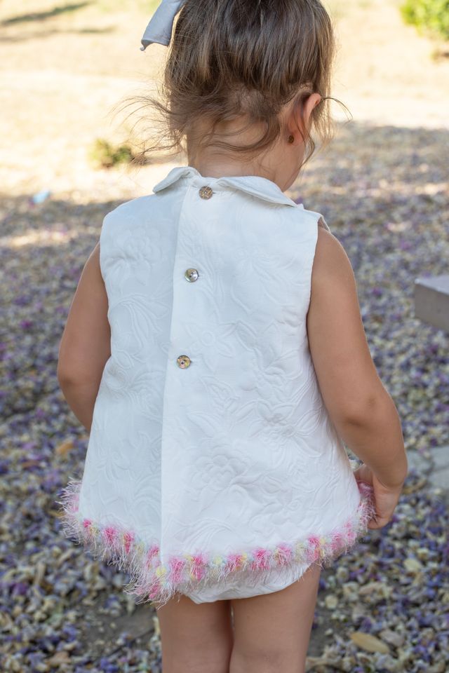 Naxos Girls White Jacquard Dress & Pants Set With Multicolour Trim - 7712