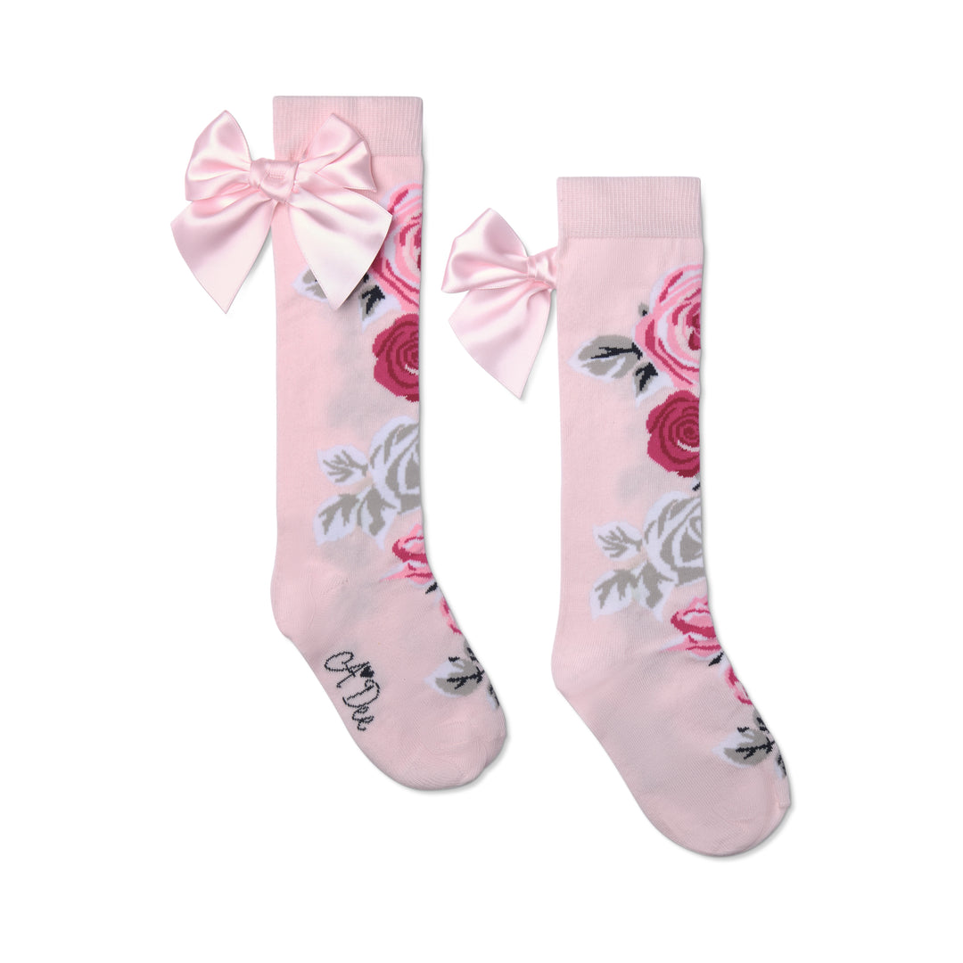 PRE-ORDER - A Dee "ALESSANDRA" Winter Bloom - Rose Print Knee High Bow Socks - W261904