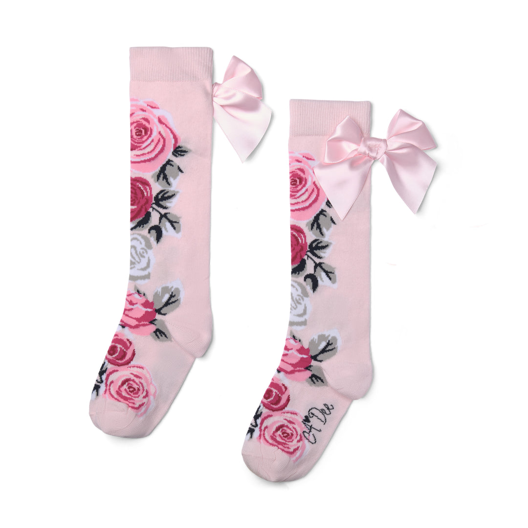 PRE-ORDER - A Dee "ALESSANDRA" Winter Bloom - Rose Print Knee High Bow Socks - W261904