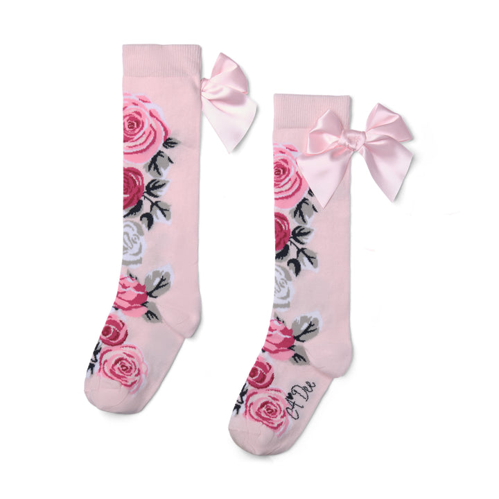 PRE-ORDER - A Dee "ALESSANDRA" Winter Bloom - Rose Print Knee High Bow Socks - W261904