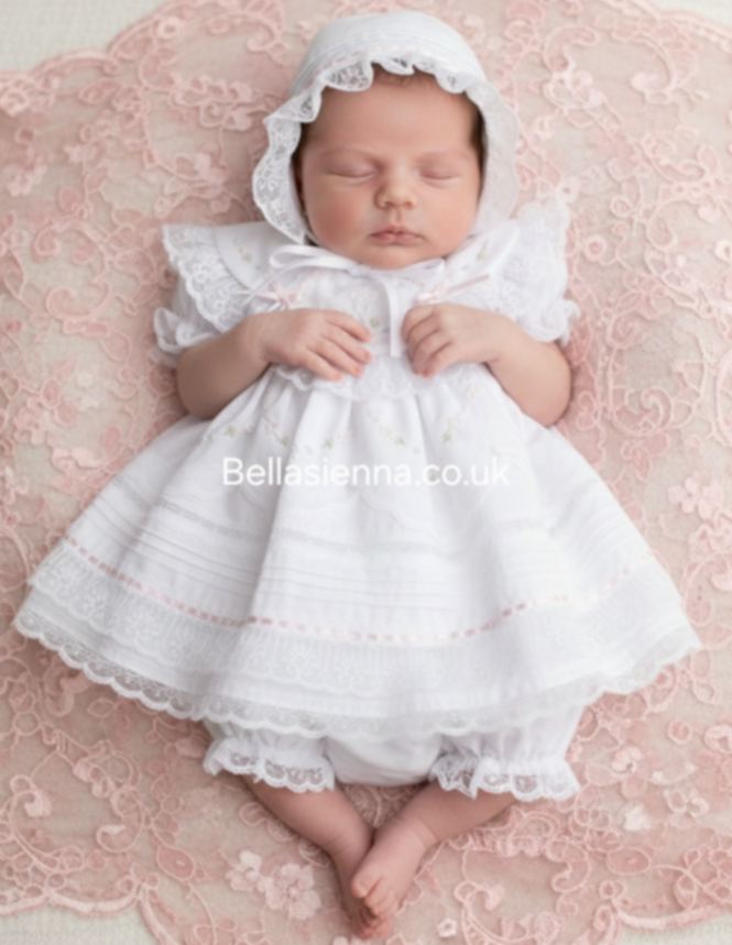 Will'beth Beautiful White & Pink Heirloom Style Dress, Pants & Bonnet Set -16817