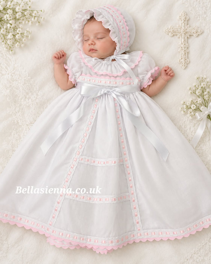 White & Pink Ribbon Detail Baby Girls Day Gown With Matching Bonnet - 283