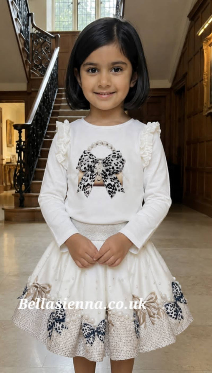 Giorgio Bambini Girls Ivory & Beige "HANDBAG" Long Sleeved Top & Skirt Set - YG-13