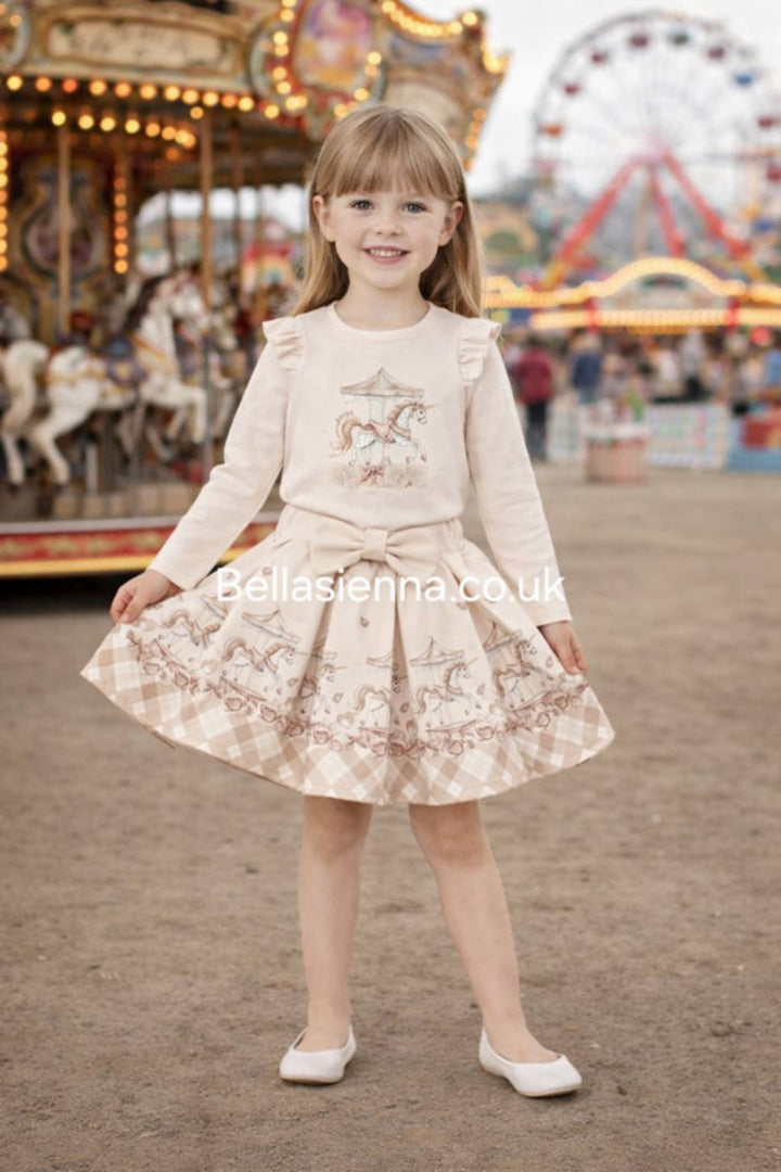 Giorgio Bambini Girls Ivory & Beige "Carousel" Long Sleeved Top & Skirt Set - YG-17