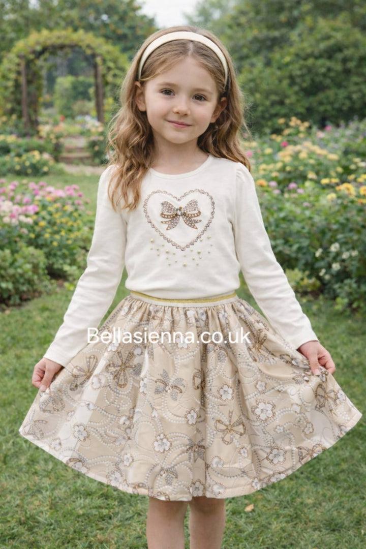 Giorgio Bambini Girls Ivory & Beige "Love Heart" Long Sleeved Top & Skirt Set - YG-15