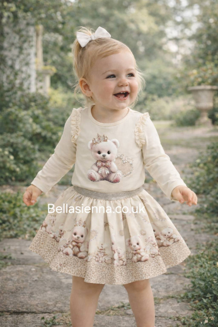 Giorgio Bambini Girls Ivory & Beige "Teddy Bear" Long Sleeved Top & Skirt Set - YG-18