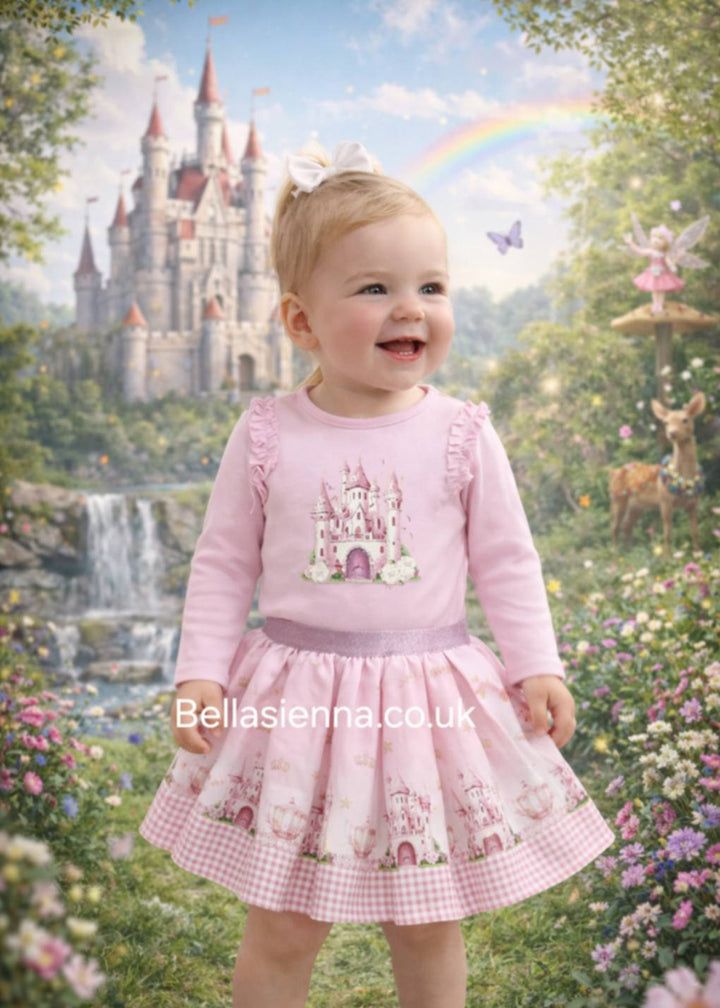 Giorgio Bambini Girls Pink "Princess Castle" Long Sleeved Top & Skirt Set - YG-19